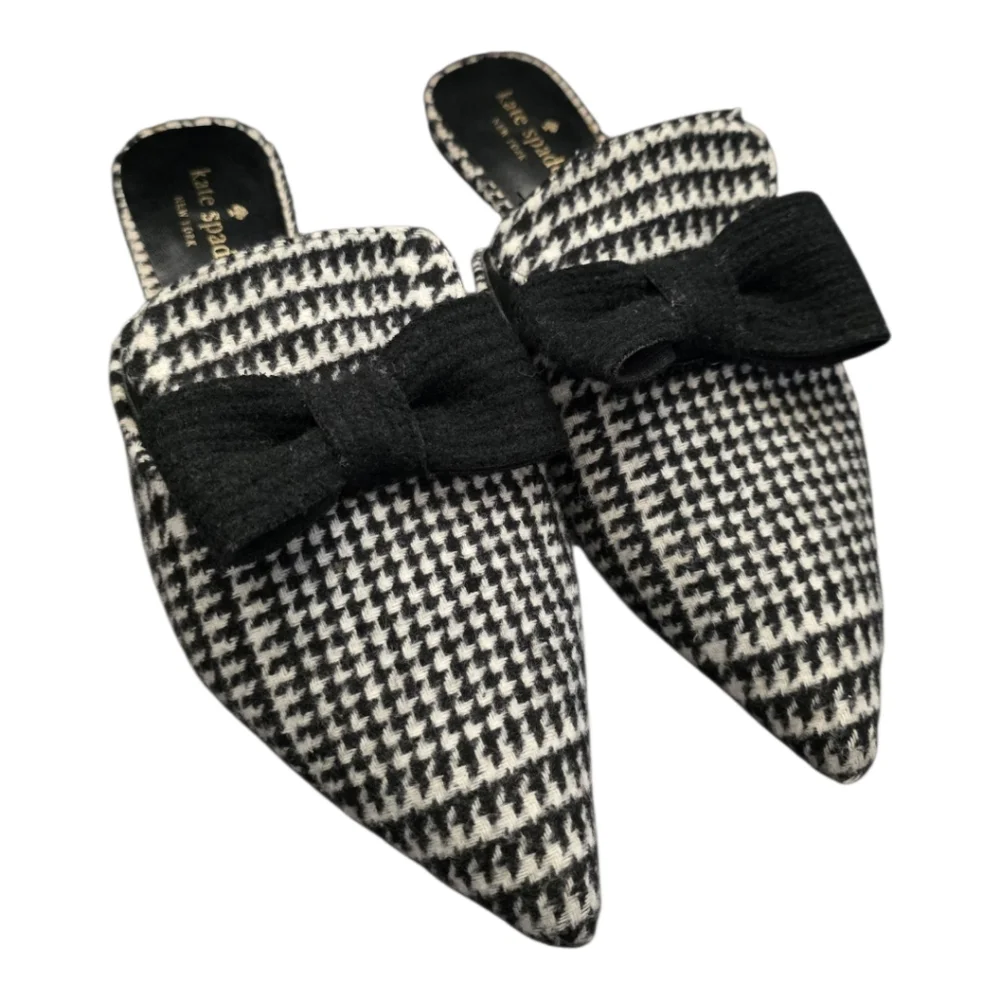 KATE SPADE Karin Houndstooth Black & White Bow‎ Pointed Toe Slip-Ons Mules - 9M
